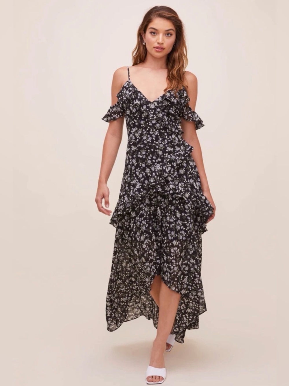 Astr Floral Cold-Shoulder High-Low Maxi Dress Large - C54-069